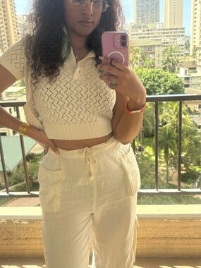 Cream Drawstring Linen-Blend Wide Leg Pants